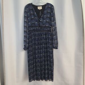 Moon River Sz L Blue Black Floral Metallic Thread Mini Pleats Boho Dark Dress